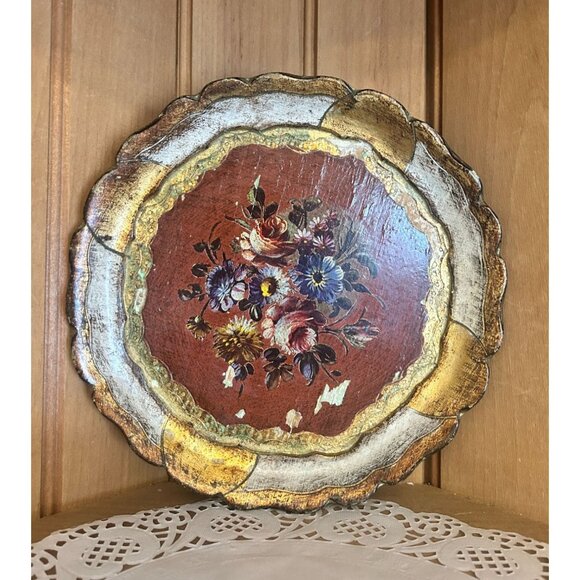 Hand Painted Italian Decorative Wooden Plate Florentine Floral Gold Accents Tray - Picture 1 of 5